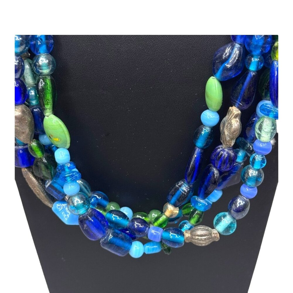 Chunky Multicolor Cobalt Blue Glass Bead Necklace Sterling Silver Clasp Heavy